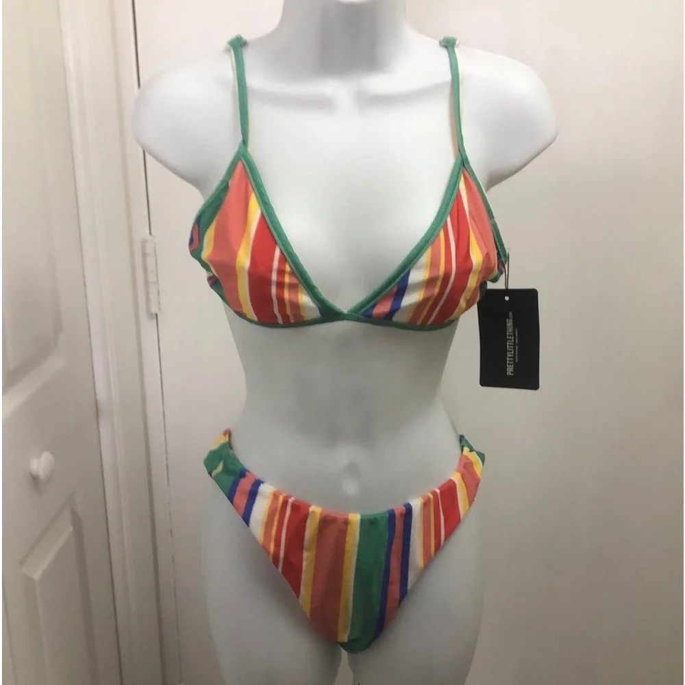 PRETTYLITTLETHING MULTI STRIPE V FRONT BRAZILIAN BIKINI/ ITSY BITSY TOP •16• NWT - Picture 16 of 17